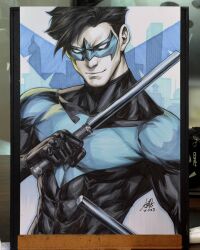  1boy 2023 batman_(series) black_bodysuit black_hair blue_bodysuit blue_mask bodysuit closed_mouth commentary dc_comics dick_grayson domino_mask english_commentary escrima_sticks eye_mask facing_viewer highres holding holding_weapon male_focus marker_(medium) mask multicolored_bodysuit muscular muscular_male nightwing photo_(medium) short_hair signature smile solo stanley_lau taut_bodysuit taut_clothes traditional_media two-tone_bodysuit upper_body weapon 