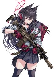 1girl absurdres animal_ears assault_rifle bag black_hair black_sailor_collar black_thighhighs blue_archive blue_skirt check_weapon commentary cowboy_shot fox_ears fox_girl gloves glowstick gun h&amp;k_hk416 halo headset highres holding holding_gun holding_weapon implied_extra_ears kazukingu long_hair looking_at_another m4_carbine neckerchief red_eyes red_gloves red_halo red_neckerchief rifle sailor_collar school_bag school_uniform serafuku shirt skirt solo tactical_school_uniform thigh-highs throat_microphone trigger_discipline weapon weapon_request white_shirt yukino_(blue_archive) zettai_ryouiki 