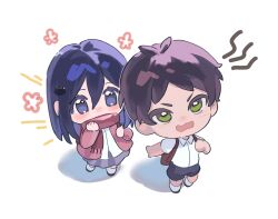  1boy 1girl aged_down backpack bag black_eyes black_hair black_shorts blush brown_bag brown_hair cardigan collared_shirt eren_yeager flower full_body green_eyes grey_skirt hair_between_eyes highres long_hair looking_at_another looking_up mikasa_ackerman open_mouth pink_cardigan pleated_skirt red_scarf scarf shingeki_no_kyojin shirt short_hair short_sleeves shorts skirt socks standing white_background white_shirt white_socks yun_(dl2n5c7kbh8ihcx) 