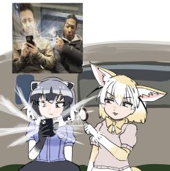2boys 2girls animal_ears black_gloves blonde_hair blue_shirt bow bowtie brown_eyes cellphone closed_mouth common_raccoon_(kemono_friends) expressionless fennec_(kemono_friends) fox_ears fox_girl gem_alert_magnifying_glass_(meme) gloves grey_hair grey_sweater highres holding holding_magnifying_glass holding_phone kemono_friends looking_at_another looking_to_the_side magnifying_glass meme multicolored_hair multiple_boys multiple_girls open_mouth phone raccoon_ears raccoon_girl reference_inset sakuryanbo3 shirt short_hair sitting smartphone sweater white_gloves white_hair yellow_bow yellow_bowtie