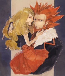  1boy 1girl age_difference ascot beard black_coat black_shirt blonde_hair blue_eyes chieda_(mmnmymns2up) chinstrap_beard coat commentary_request couple facial_hair facing_another fur-trimmed_coat fur_trim hair_slicked_back hand_on_another's_back hand_on_another's_chest leaning_on_person long_sideburns looking_to_the_side lysandre_(pokemon) mature_male pleated_skirt pokemon pokemon_x_and_y red_ascot red_hair red_skirt serena_(pokemon) shirt sideburns skirt two-tone_background upper_body wavy_hair 