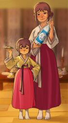  2girls alcohol bottle braid braided_ponytail candle candlestand chima_(clothes) chuseok earrings english_commentary expression_request food glass_bottle hair_between_eyes hanbok hand_on_own_hip highres holding holding_bottle holding_food indoors jewelry konan_saurus korean_clothes light_blush light_smile lily_pak long_hair long_skirt long_sleeves multiple_girls no_shoes original pearl_earrings pink_skirt ponytail short_ponytail sidelocks skirt socks soju stud_earrings two-tone_hanbok white_jeogori white_socks wide_sleeves wooden_floor wylde_pak yellow_jeogori 