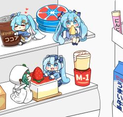  4girls :3 :d ^_^ ahoge blue_bow blue_dress blue_eyes blue_gloves blue_hair blue_hairband blush_stickers bow cake can cheese chibi chibi_only closed_eyes closed_mouth commentary_request double-parted_bangs dress drink_carton food fruit gloves green_hair hair_between_eyes hair_bow hairband hatsune_miku heart highres hood hood_up hugging_object in_container in_refrigerator long_hair long_sleeves milk_carton multiple_girls multiple_persona nukotun open_mouth pudding refrigerator sitting smile sparkle strawberry striped_bow twintails very_long_hair vocaloid white_gloves yuki_miku 
