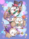  &gt;_&lt; blush cane closed_eyes closed_mouth commentary_request flower hat hatted_pokemon headband highres holding holding_cane holding_flower holding_wand no_humans pkpokopoko3 pokemon pokemon_(creature) rowlet star_(symbol) top_hat u_u wand 