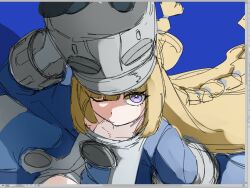  1girl art_program_in_frame blonde_hair blue_background blue_jacket closed_mouth from_above gloves grey_hat hat jacket large_hat long_hair looking_at_viewer norma_hollowell one_eye_closed shako_cap shinarika396 simple_background solo unfinished very_long_hair violet_eyes white_gloves zenless_zone_zero 