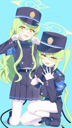  2girls :d belt black_belt blue_archive blue_hat blue_jacket blue_shorts blue_skirt boots buttons commentary_request curly_hair demon_girl demon_tail double-breasted expressionless full_body gloves green_hair green_halo hair_between_eyes halo hat high_heel_boots high_heels highres hikari_(blue_archive) jacket kisamu_(ksmz) kneeling long_hair miniskirt multiple_girls nozomi_(blue_archive) pleated_skirt pointing pointing_at_viewer short_shorts shorts siblings sisters skirt smile smug squatting tail twins twintails very_long_hair white_gloves yellow_eyes 