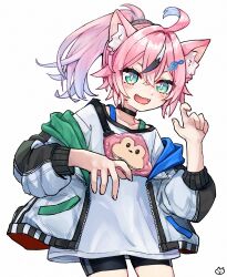  1girl :d ahoge animal_ear_fluff animal_ears black_choker black_shorts black_streaks blush cat_ears cat_girl choker collarbone commentary_request cowboy_shot double-parted_bangs fang hair_between_eyes hair_intakes hand_up highres indie_virtual_youtuber jacket long_hair long_sleeves looking_at_viewer marashii_(vtuber) monkey_print multicolored_hair necoyu_(yuyudomino) off_shoulder open_clothes open_jacket open_mouth pink_hair ponytail print_shirt shirt shorts simple_background single_hair_streak smile solo streaked_hair virtual_youtuber white_background white_jacket white_shirt white_streaks 