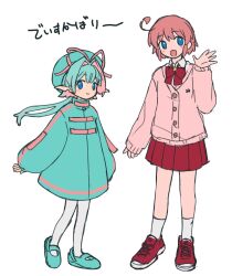  2girls animification blue_eyes blue_hair blush_stickers closed_mouth commentary_request dress elfilin highres humanization kanafumi_(spindle) kirby kirby_(series) kirby_and_the_forgotten_land long_sleeves looking_at_viewer multiple_girls open_mouth pink_hair simple_background smile 