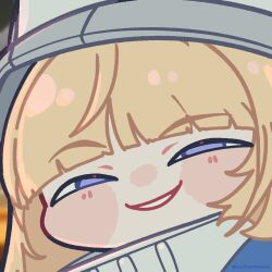  1girl blonde_hair blue_jacket blush commentary grey_hat grey_helmet half-closed_eyes hat helmet highres jacket long_hair looking_at_viewer norma_hollowell portrait smile solo untranslatable_commentary violet_eyes xesii zenless_zone_zero 