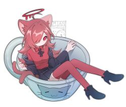  1girl animal_ears black_jacket black_skirt blood blood_halo cat_ears cat_girl cat_tail collared_shirt commission cup dress_shirt hair_over_one_eye halo highres jacket liquid_halo long_hair mian_(mian_eee) mug multiple_tails original pleated_skirt red_eyes red_hair red_halo red_shirt red_thighhighs shirt skirt solo tail thigh-highs two_tails white_background 