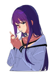  1girl absurdres blue_eyes blue_shirt blush commentary gujyo_kanade highres hino134 holding holding_lighter kamiina_botan_yoeru_sugata_wa_yuri_no_hana lighter lighting_cigarette long_hair purple_hair shirt simple_background smoking solo upper_body white_background 