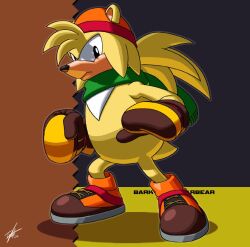  1boy animal_ears bark_the_polar_bear beanie bear_boy bear_ears blonde_hair character_name clenched_hand closed_mouth commentary dated english_commentary furry furry_male green_scarf hat looking_at_viewer male_focus orange_hat ponytail scarf signature sonic_(series) tyler_mcgrath yellow_fur 