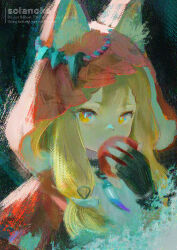  1girl apple arknights arknights:_endfield artist_name black_gloves blonde_hair blue_pupils commentary_request covered_mouth fingerless_gloves food fruit gloves holding holding_food holding_fruit hood hood_up long_hair looking_at_viewer partial_commentary portrait red_hood rossi_(arknights) solanoko solo two-sided_fabric watermark white_hood yellow_eyes 