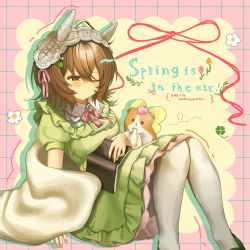  1girl absurdres agnes_tachyon_(umamusume) ahoge animal animal_ears animal_on_arm beret blush bonnet book brown_hair closed_mouth clover_hair_ornament collar commentary dot_mouth dot_nose drawn_flower dress ear_covers ears_under_headwear english_text fairy_wings fake_wings feet_out_of_frame frilled_skirt frills green_dress green_shoes grid_background guinea_pig hair_between_eyes hair_ornament hairclip hat highres holding holding_book horse_ears horse_girl looking_at_animal medium_hair one_eye_closed pantyhose pearl_hair_ornament pink_ribbon puffy_short_sleeves puffy_sleeves red_eyes ribbon romaji_text shoes short_sleeves sitting skirt skyk57milk sleepy solo_focus spring_(season) umamusume untranslatable_commentary white_blanket white_bonnet white_collar white_pantyhose wings 