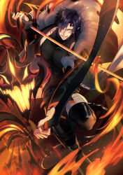  1boy arknights black_hair black_jacket black_nails black_shirt commentary_request demon_boy demon_horns demon_tail dry-er fire flamebringer_(arknights) fur-trimmed_jacket fur_trim hair_over_one_eye highres holding holding_sword holding_weapon horns infection_monitor_(arknights) jacket katana looking_at_viewer male_focus material_growth open_mouth orange_eyes oripathy_lesion_(arknights) pants pectorals pointy_ears shirt short_hair sleeveless sleeveless_shirt smile solo sword tail teeth toned toned_male weapon 