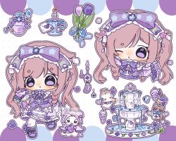  1girl :3 :o ahoge alternate_costume angel_wings animal ankle_bow ankle_flower bear ben-day_dots blue_border blue_flower blue_ribbon border bottle bouquet bow bowtie brooch brown_eyes brown_hair buttons candle candlestand cat center_frills chibi chinese_commentary classic_lolita cloak closed_mouth clothed_animal commentary_request corset cup detached_wings dream's_silhouette_(infinity_nikki) dress dress_bow ear_covers eyelashes eyes_visible_through_hair fire floral_print flower flower_brooch footwear_bow fountain frilled_anklet frilled_bow frilled_dress frills gloves hair_bow halo happy hat hat_ribbon highres holding holding_bouquet holding_flower holding_saucer hood hood_up hooded_cloak infinity_nikki jewelry lace-trimmed_dress lace_trim large_bow layered_dress letterboxed light_blush lolita_fashion long_hair long_sleeves love_letter medium_dress mini_wings momo_(nikki) multiple_views nikki_(series) one_eye_closed open_mouth outline outside_border pantyhose perfume_bottle print_bow purple_border purple_bow purple_bowtie purple_cloak purple_corset purple_dress purple_flower purple_shoes purple_theme rabbit ribbon ribbon-trimmed_dress ribbon_trim saucer screentones shoes smile standing striped_bow striped_bowtie striped_clothes striped_ribbon tareme tea teacup traditional_halo tulip two-tone_border very_long_hair violet_eyes wavy_hair whiskers white_background white_bow white_cat white_dress white_gloves white_outline white_pantyhose wide_sleeves wind_chime winged_animal wings wisteria xiaoyao233082 yellow_halo 