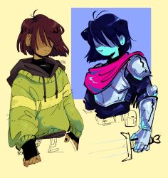  1other antenna_hair aqua_skirt armor black_hoodie black_nails blue_hair brown_hair deltarune freckles green_sweater highres hood hoodie hoodie_under_sweater kris_(dark_world)_(deltarune) kris_(deltarune) niko_(seaquestions) no_eyes official_alternate_costume pink_scarf scarf shaded_face short_hair skirt striped_clothes striped_sweater sweater utdr_(toby_fox) 