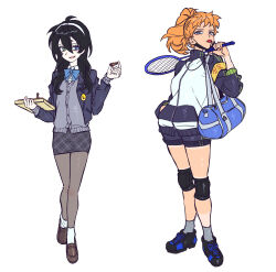  2girls absurdres aged_down aged_up ahoge badge bag black_hair black_jacket black_shoes black_shorts blazer blue_bag blue_bow blue_bowtie blue_eyes blue_jacket blue_shoes bow bowtie breasts bright_pupils brown_shoes busujima_mason_rio button_badge cardigan chess_piece collared_shirt commentary duffel_bag ear_piercing expressionless full_body fully_genderswapped_group genderswap genderswap_(mtf) green_eyes green_trim grey_cardigan grey_socks hair_between_eyes hair_over_shoulder hairband hand_in_pocket hand_up heterochromia high_ponytail highres holding holding_bag holding_chess_piece holding_tennis_racket hypnosis_mic jacket knee_pads korean_commentary lapels loafers long_hair looking_at_another looking_to_the_side medium_breasts miniskirt mole mole_under_eye mole_under_mouth multicolored_jacket multicolored_shoes multiple_girls multiple_moles myamkk72 open_clothes open_jacket open_mouth orange_hair pale_skin pantyhose pencil_skirt piercing plaid_clothes plaid_skirt ponytail racket raised_inner_eyebrows shirt shoes short_bangs short_shorts shorts shorts_rolled_up shoulder_bag sideways_glance simple_background skirt smile socks socks_over_pantyhose standing tanlines tennis_racket two-tone_shoes whistle whistle_around_neck whistle_in_mouth white_background white_hairband white_jacket white_pupils white_shirt white_socks yamada_saburo 
