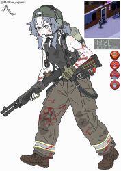  1girl ammunition artist_name backpack backwards_hat bag baseball_bat black_tank_top blackd09 blood blood_on_clothes blood_on_face boots brown_boots clock commentary finger_on_trigger fingerless_gloves game_screenshot_inset gameplay_mechanics gloves grey_hair hat headset highres loose_pants multicolored_hair optical_sight project_zomboid pump_action screenshot_inset shotgun_shell signature sleeveless sleeveless_turtleneck solo suspenders sweat tank_top temperature turtleneck untranslatable_commentary white_background white_hair 