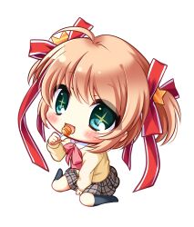  +_+ 1girl :d ahoge aqua_eyes between_legs black_socks blonde_hair blush bow bowtie candy chibi chibi_only commentary eyes_visible_through_hair figure-referenced food full_body grey_skirt hair_between_eyes hair_ornament hair_ribbon hand_between_own_legs hand_up holding holding_candy holding_food holding_lollipop kamikita_komari kneehighs little_busters! little_busters!_school_uniform lollipop long_ribbon looking_at_viewer medium_hair miniskirt no_shoes open_mouth pink_bow pink_bowtie plaid_clothes plaid_skirt pleated_skirt red_ribbon ribbon ryuuka_sane school_uniform sidelocks simple_background sitting skirt sleeves_past_wrists smile socks solo star_(symbol) star_hair_ornament sweater tareme two_side_up wariza white_background yellow_sweater 