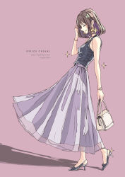  1girl bag bare_arms bare_shoulders blush_visible_through_hair bracelet breasts brown_hair closed_eyes commentary_request earrings english_text facing_down floating_clothes from_side full_body grey_shoes grey_tank_top hand_up handbag heel_up high_heels highres holding holding_bag jewelry long_skirt medium_hair open_mouth original pink_background profile pumps purple_skirt ring shadow shoes simple_background skirt small_breasts solo sparkle standing sun_(sunsun28) tank_top watch watch white_bag 