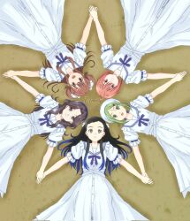  22/7 5girls :d ahoge aqua_eyes beach black_hair blue_hair blue_hairband blue_ribbon bow brown_eyes brown_hair bxtbsy7q76gxh73 closed_mouth commentary_request curtained_hair dress fanged_bangs from_above gradient_hair green_eyes green_hair grey_eyes grey_hair hair_between_eyes hair_bow hair_ornament hairband hairclip hat highres himuro_mizuki kiryu_touko long_hair lying multicolored_hair multiple_girls nishiura_sora official_alternate_costume official_alternate_hairstyle on_back open_mouth orange_hair orihara_sumika parted_bangs pink_bow pink_hair puffy_sleeves ribbon sailor_collar sailor_dress sera_honoka short_hair short_sleeves smile star_arms streaked_hair two-tone_hair two_side_up wavy_hair white_bow white_dress white_hat white_sailor_collar 