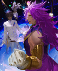  3boys arjuna_(fate) arjuna_alter_(fate) bhima_(fate) black_hair clenched_hand closed_mouth commentary_request daeraeband dark-skinned_male dark_skin fate/grand_order fate_(series) floating gloves highres holding holding_weapon jewelry long_hair long_sleeves looking_at_viewer male_focus multiple_boys pants purple_hair shirt short_hair sleeveless sleeveless_shirt smile weapon white_gloves white_hair white_pants 