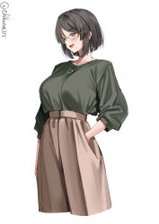  1girl arm_at_side artist_name blush breasts brown_pants collarbone commentary_request cropped_legs double-parted_bangs ebifurya glasses green-framed_eyewear green_shirt grey_hair hair_between_eyes hair_intakes hand_in_pocket highres jewelry kantai_collection kirishima_(kancolle) large_breasts looking_ahead necklace one-hour_drawing_challenge open_mouth pants semi-rimless_eyewear shirt shirt_tucked_in short_hair sidelocks simple_background smile solo twitter_username white_background 