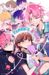  1girl 6+boys :d ;d absurdres adjusting_eyewear bags_under_eyes bishie_sparkle black_hair black_hoodie black_jacket black_necktie black_sleeves blonde_hair blue_eyes blue_jacket blue_pants blurry blush bokeh bracelet brown_eyes brown_hair cigarette clenched_hands clothes_writing cloudkourin coke-bottle_glasses collared_shirt commentary copyright_name crew_neck crop_top crop_top_overhang cropped_shirt curled_fingers curtained_hair denim denim_jacket depth_of_field diagonal-striped_clothes diagonal-striped_necktie drawstring dual_persona earrings english_text fingernails fukuhara_tamon fur_bracelet glasses green_eyes grey_shirt grin hair_between_eyes hair_ornament hairclip hand_fan hand_fan_writing hand_on_eyewear hand_on_own_cheek hand_on_own_chest hand_on_own_face hand_up hands_up heart heart_print highres holding holding_cigarette holding_fan holding_paper hood hood_up hoodie index_finger_raised ishibashi_natsuki jacket jeans jewelry kai_rintarou kinoshita_utage letterman_jacket light_particles long_sleeves looking_at_viewer loose_necktie low_twintails midriff mole mole_under_eye multiple_boys multiple_hairclips mushroom_on_head navel necktie official_alternate_costume one_eye_closed open_clothes open_collar open_mouth open_shirt orange_shirt oshikatsu outstretched_hand pants paper paper_fan parallel_hairclips parted_bangs parted_lips pink_background pink_hair plaid_clothes plaid_shirt pointing pointing_at_object print_shirt raglan_sleeves raised_eyebrow raised_eyebrows raised_inner_eyebrows red_shirt round_eyewear sakaguchi_ouri shirt shirt_under_shirt short_hair short_sleeves short_twintails simple_background smile sparkle sparkling_aura striped_clothes striped_necktie stud_earrings swept_bangs tachibana_keito tamon-kun_ima_docchi twintails twitter_username uchiwa upper_body v-shaped_eyebrows white_background white_shirt white_sleeves yellow_eyes 