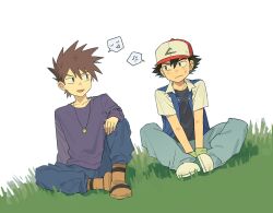  2boys anger_vein ash_ketchum baseball_cap black_hair blue_pants boots brown_boots brown_eyes brown_hair dutch_angle gary_oak grass hat highres indian_style jacket jewelry jungeol_(p_oxo7) light_frown male_focus multiple_boys necklace pants pokemon pokemon_(anime) pokemon_(classic_anime) short-sleeved_jacket short_sleeves sitting smile spiky_hair spoken_anger_vein spoken_expression 