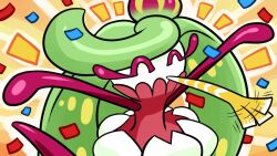  ^_^ celebrate_(pokemon) closed_eyes commentary confetti english_commentary eyelashes long_eyelashes motion_lines notice_lines outline outstretched_arms party_horn pokemon pokemon_(creature) pokemon_focus pokemon_move scarzig solo spread_arms tsareena video_thumbnail yellow_background youtube_video_thumbnail 