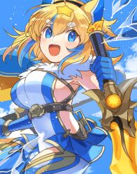  1girl animal_ears belt black_headband blonde_hair blue_cloak blue_dress blue_eyes blue_gloves blue_hair blue_thighhighs cloak commentary_request dog_ears dress ferule gloves headband high-waist_belt highres holding holding_sword holding_weapon multicolored_hair open_mouth puzzle_&amp;_dragons rakulog short_hair sidelocks skirt sky solo star_(symbol) sword thick_eyebrows thigh-highs two-tone_hair weapon 