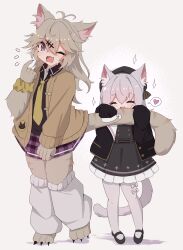  2girls absurdres animal_ears bandaid barefoot bi_(bi_trip_machine) black_dress black_hat black_shirt blush brown_cardigan cardigan cat_ears cat_girl cat_tail closed_eyes collared_shirt commentary_request dress flying_sweatdrops frilled_dress frills full_body grey_hair hat heart highres hugging_another's_tail hugging_tail jewelry kasukabe_tsumugi kemonomimi_mode long_hair long_sleeves loose_socks magatama magatama_necklace mole mole_under_eye multiple_girls necklace necktie one_eye_closed open_cardigan open_clothes open_mouth pantyhose plaid_clothes plaid_skirt purple_skirt sayo_(voicevox) scrunchie shirt simple_background skirt sleeves_past_fingers sleeves_past_wrists smile socks sparkle spoken_heart standing tail voicevox white_pantyhose white_socks wrist_scrunchie yellow_necktie 