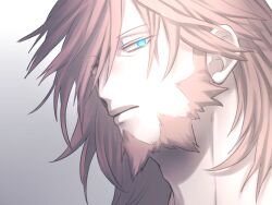 1boy beard blue_eyes chinstrap_beard close-up commentary_request expressionless facial_hair facing_to_the_side grey_background hair_down hair_over_one_eye head_tilt long_sideburns looking_to_the_side lysandre_(pokemon) lywo_n_candy male_focus mature_male muted_colors pokemon pokemon_x_and_y red_hair sideburns 