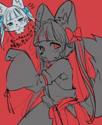  1girl 2girls animal_ear_fluff blunt_bangs blush body_fur bow bowtie character_request chibi chibi_inset copyright_request detached_sleeves fox fox_girl fox_tail from_side furry furry_female hakama hakama_skirt highres japanese_clothes kimono multiple_girls open_mouth paw_pose pikapika100star red_background red_bow red_bowtie red_eyes red_skirt skirt tail twintails upper_body 