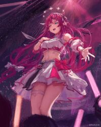 1girl absurdres aqua_eyes asymmetrical_sleeves breasts collared_shirt commentary_request cropped_shirt crystal_wings detached_sleeves double_halo halo heterochromia highres hololive hololive_english hololive_idol_uniform_(color_rise) horns irys_(hololive) long_hair long_pointy_ears looking_at_viewer midriff miniskirt mismatched_sleeves multicolored_hair multicolored_shirt navel official_alternate_costume open_mouth pink_eyes pointy_ears puffy_detached_sleeves puffy_short_sleeves puffy_sleeves purple_hair raitzink red_hair shirt short_sleeves single_detached_sleeve single_sleeve skirt solo star_halo thigh_strap virtual_youtuber white_shirt white_skirt wings 