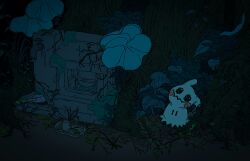  commentary_request cup faucet highres leaf looking_at_viewer mimikyu moss mug night outdoors plant_roots pokemon pokemon_(creature) syousinman tray tree wavy_mouth 