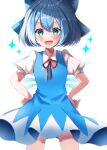  1girl 380u0 absurdres blue_dress blue_eyes blue_hair cirno collared_dress dress fairy_wings hair_ribbon hands_on_hips highres open_mouth ribbon short_hair short_sleeves smile sparkle touhou wings 