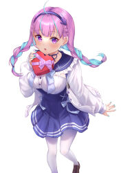  1girl :o absurdres ahoge anchor_hair_ornament aqua_hair aqua_nails blue_bow blue_bowtie blue_ribbon blue_sailor_collar blue_skirt blunt_bangs bow bowtie box box_of_chocolates braid breasts brown_shoes buttons collarbone collared_shirt commentary crest cross cross-laced_clothes cross-laced_skirt cross_print dot_nose floral_print foot_out_of_frame frilled_sailor_collar frills hair_ornament hairband heart-shaped_box high-waist_skirt highres holding holding_box hololive jacket large_breasts light_blush loafers long_hair long_sleeves looking_at_viewer loose_hair_strand low_twin_braids minato_aqua miniskirt multicolored_hair nail_polish neck_ribbon open_clothes open_jacket open_mouth pantyhose pink_hair pleated_skirt poe_(528yuzunon) print_bow print_bowtie print_sailor_collar puffy_long_sleeves puffy_sleeves purple_bow purple_hairband ribbon sailor_collar shirt shoes simple_background skirt skirt_bow solo standing streaked_hair surprised twin_braids two-tone_hair untranslatable_commentary valentine violet_eyes virtual_youtuber white_background white_jacket white_pantyhose white_shirt 