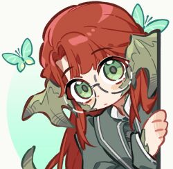  1girl aqua_butterfly au_ra bug butterfly chibi chibi_only commentary crow0cc dragon_horns final_fantasy final_fantasy_xiv glasses green_eyes halmarut_(ff14) highres horns long_hair looking_at_viewer orange_hair parted_bangs peeking_out round_eyewear scales simple_background solo upper_body white_background 