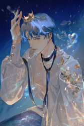  1boy blue_background blue_eyes blue_hair commentary_request crown earrings highres jewelry looking_at_viewer love_and_deepspace male_focus merfolk merman monster_boy necktie parted_lips puffy_sleeves rafayel_(love_and_deepspace) shi_ruo_ke_zhi shirt short_hair solo white_shirt 
