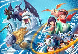  1boy 1girl abstract_background angel angel_and_devil angel_wings angemon arm_belt bandaged_hand bandages bandana bandana_around_neck bare_shoulders belt black_gloves black_hair black_wings blonde_hair blue_eyes bracelet breasts claws covered_eyes cyberspace demon demon_wings devimon digimon digimon_(creature) digimon_story:_time_stranger dress ear_wings elbow_gloves evolutionary_line fangs feathered_wings gloves goggles goggles_on_head gold_bracelet gomamon green_dress green_hat green_jacket grin gun hat helmet helmet_over_eyes holding holding_gun holding_staff holding_weapon holster holstered horns ikkakumon jacket jewelry large_breasts long_arms long_hair mizukirz multicolored_jacket open_mouth pants patamon picodevimon red_eyes red_hair red_scarf scarf sea_lion sharp_teeth short_hair single_horn smile solid_eyes staff stitches teeth thigh-highs thigh_holster torn_wings tusks two-tone_dress two-tone_jacket walrus weapon white_gloves white_jacket wings yellow_eyes yuuki_dan yuuki_kanan 