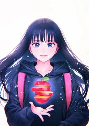  1girl absurdres apple backpack bag blue_eyes blue_hair blue_hoodie blunt_bangs collarbone commentary_request floating food fruit higashiyama_shou highres hood hood_down hoodie kisaki_an_(undark:_atarashii_toumei_na_chikara_no_subete) levitation lips looking_at_viewer multicolored_eyes pink_bag pink_lips simple_background sliced_fruit solo straight-on two-tone_eyes undark:_atarashii_toumei_na_chikara_no_subete violet_eyes white_background 