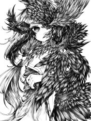  1girl bird_wings commentary_request covered_mouth feathered_wings greyscale hair_bobbles hair_ornament highres holding_sleeve long_hair long_sleeves looking_at_viewer mini_wings monochrome monsterification nijisanji no_pupils one_eye_covered simple_background solo too_many_wings toy_box3 transformation upper_body variant_set very_long_hair virtual_youtuber wings yokaze_yui 