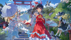  6+girls absurdres alice_margatroid apron ascot bird_wings black_hair black_hat black_skirt black_vest black_wings blonde_hair blue_dress blue_sky book bow braid broom broom_riding brown_eyes brown_hair capelet chinese_commentary cirno clouds commentary_request daiyousei day detached_sleeves dress falling_petals flying frilled_bow frilled_dress frilled_hair_tubes frills gohei hair_bow hair_tubes hakurei_reimu hat hat_bow hat_ribbon highres holding holding_book holding_gohei holding_umbrella kirisame_marisa long_hair looking_at_viewer mob_cap multiple_girls open_mouth petals pink_petals pom_pom_(clothes) qianeyejiaorouji red_bow red_hat red_ribbon red_skirt ribbon ribbon-trimmed_skirt ribbon-trimmed_sleeves ribbon_trim shameimaru_aya shirt side_braid single_braid skirt skirt_set sky smile stairs tokin_hat torii touhou umbrella very_long_hair vest waist_apron white_apron white_bow white_capelet white_dress white_hat white_shirt white_umbrella wings witch_hat yakumo_yukari yellow_ascot 
