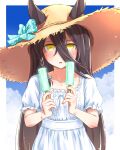  1girl alternate_costume animal_ears bangs black_hair blush bow clouds collarbone dress ears_through_headwear food green_bow hair_between_eyes hands_up hat highres holding holding_food horse_ears looking_at_viewer manhattan_cafe_(umamusume) open_mouth popsicle punto short_sleeves solo straw_hat umamusume upper_body white_dress yellow_eyes 