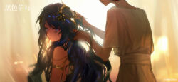 2girls aratos_(black_beacon) armlet backlighting bare_shoulders black_beacon blue_eyes blue_hair closed_mouth curtains dress from_side hair_ornament head_out_of_frame highres holding_another's_hair jewelry long_hair looking_at_viewer multiple_girls phaenomena_(black_beacon) short_sleeves sleeveless sleeveless_dress upper_body white_dress yellow_background 