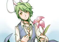  1boy animal_ears blue_vest closed_mouth clown_(ragnarok_online) collared_shirt commentary_request flower green_hair holding holding_flower jewelry long_sleeves looking_at_viewer lowres male_focus necklace pink_flower rabbit_boy rabbit_ears ragnarok_online shirt smile solo upper_body vest visor07 white_background white_shirt yellow_eyes 