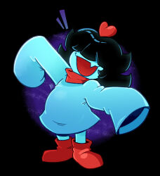  1girl aqua_(deltarune) aqua_dress aqua_skin black_background blunt_bangs boots colored_skin commentary covered_eyes deltarune dress english_commentary fang francois.l hair_over_eyes highres red_boots red_scarf scarf sleeves_past_wrists solo utdr_(toby_fox) 