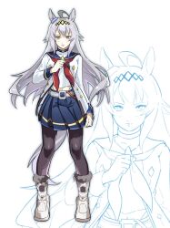  1girl ahoge animal_ears black_pantyhose blue_eyes blue_sailor_collar blue_skirt boots breasts brooch closed_mouth commentary ear_ornament grey_hair grey_tail hair_between_eyes hairband highres horse_ears horse_girl horse_tail jacket jewelry long_hair long_sleeves ma_but2r medium_breasts midriff_peek multicolored_hair navel neckerchief oguri_cap_(starlight_beat)_(umamusume) oguri_cap_(umamusume) panty_straps pantyhose pleated_skirt red_neckerchief sailor_collar shirt skirt star_brooch tail umamusume white_boots white_jacket white_shirt 